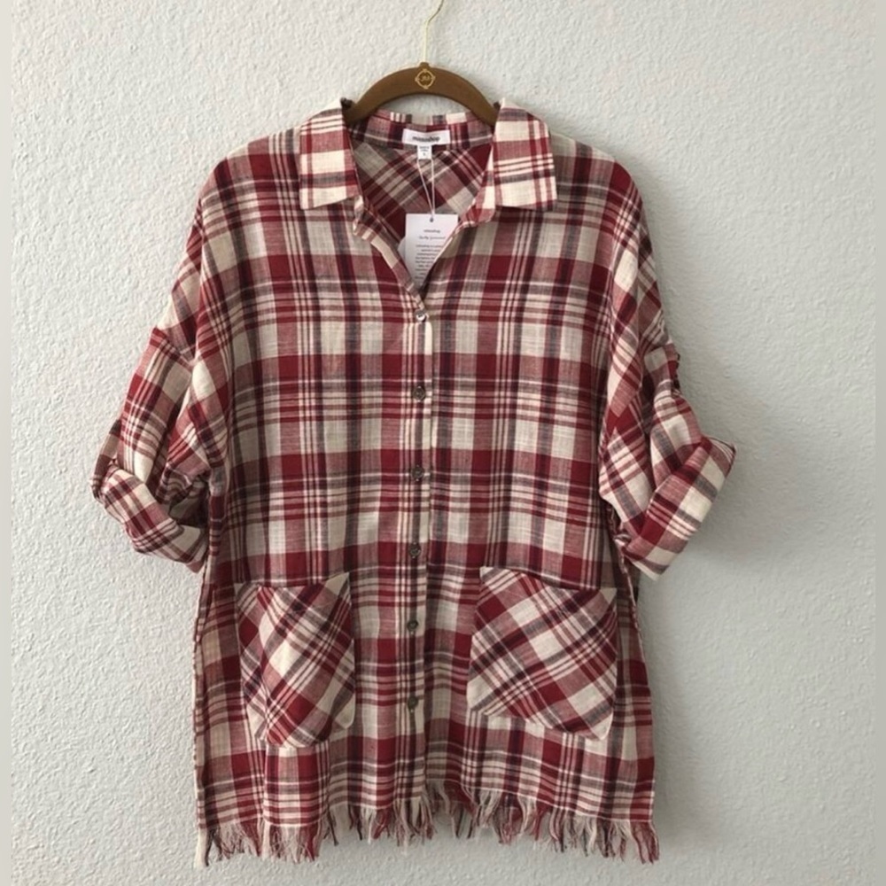 mittoshop Red Cream Plaid Button Down Top NWT
